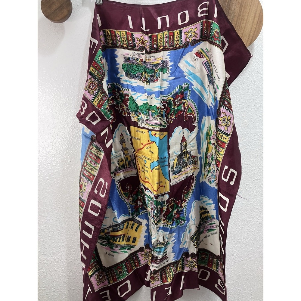 Vintage Souvenir Scarf Djibouti Aden Map Silk Scarf Horn of Africa Maroon 30x31"